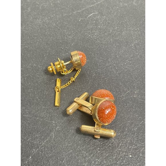 Vintage Goldstone Cufflinks & Tie Tack Set Gold Tone - Picture 2 of 2